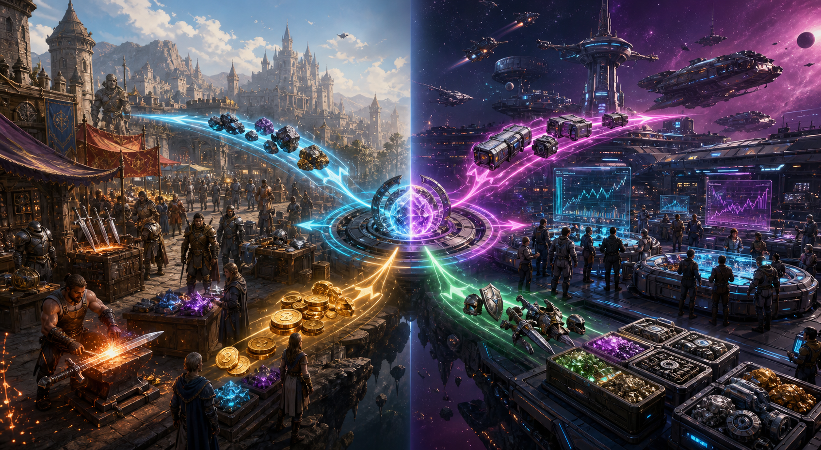 A fantasy role-playing marketplace and a science-fiction space-trading economy connected through a shared exchange