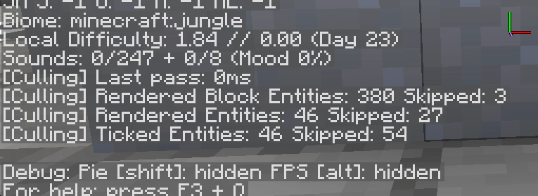 Entity Culling Minecraft mod: Example of F3 stats
