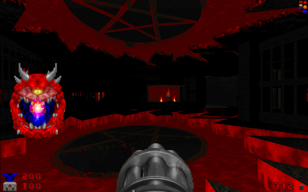 SIGIL official gameplay screenshot with a shotgun and Cacodemon in a red-lit arena