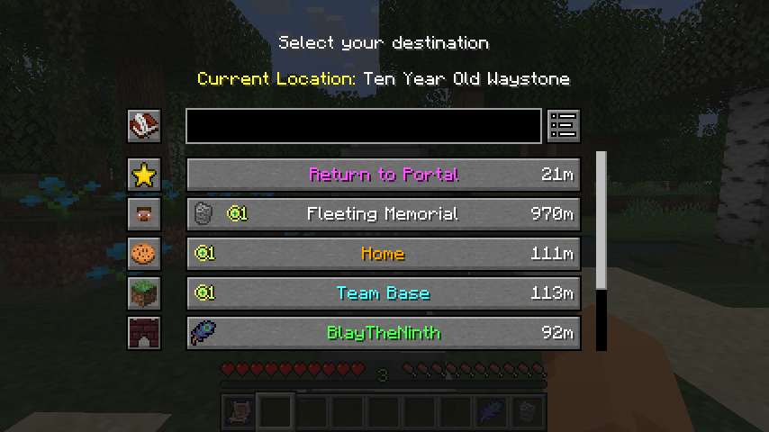 Waystones Minecraft mod: Waystone Menu