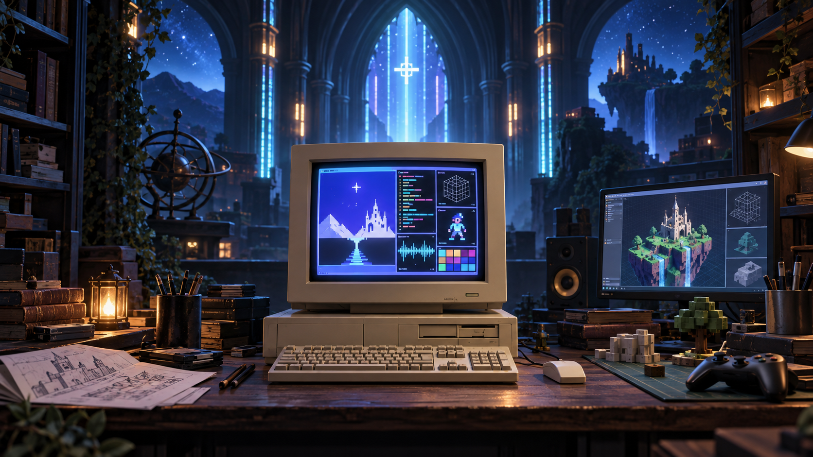 A retro and modern software workstation representing open-source game creation and responsible publishing