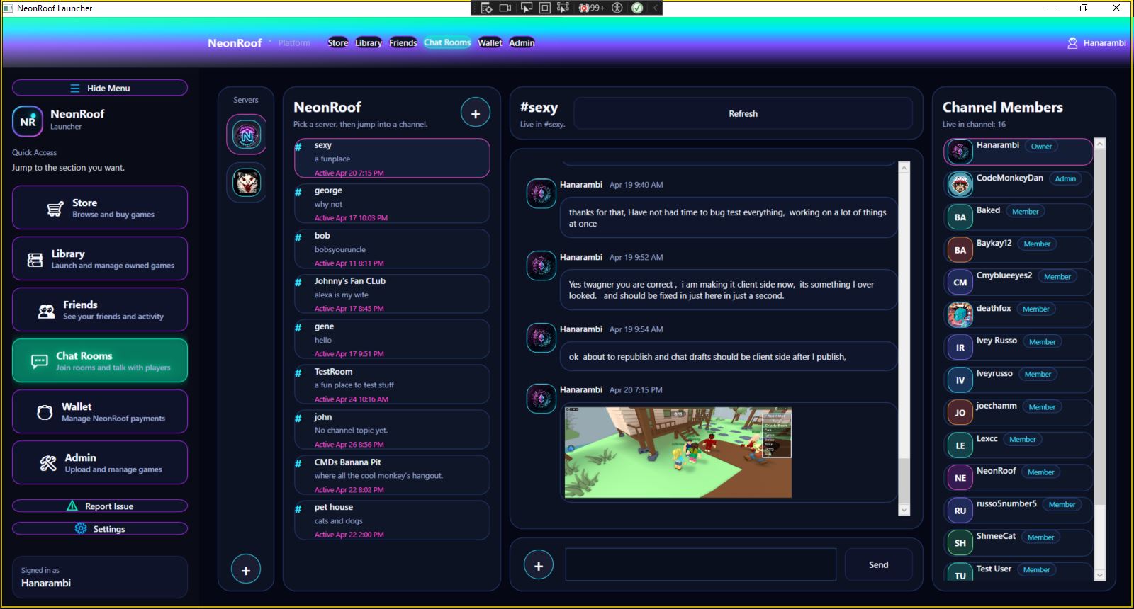 NeonRoof gaming community chat rooms screenshot