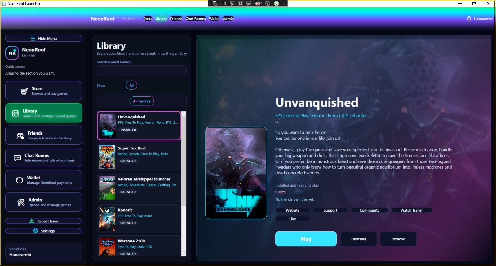 NeonRoof desktop launcher game library screenshot