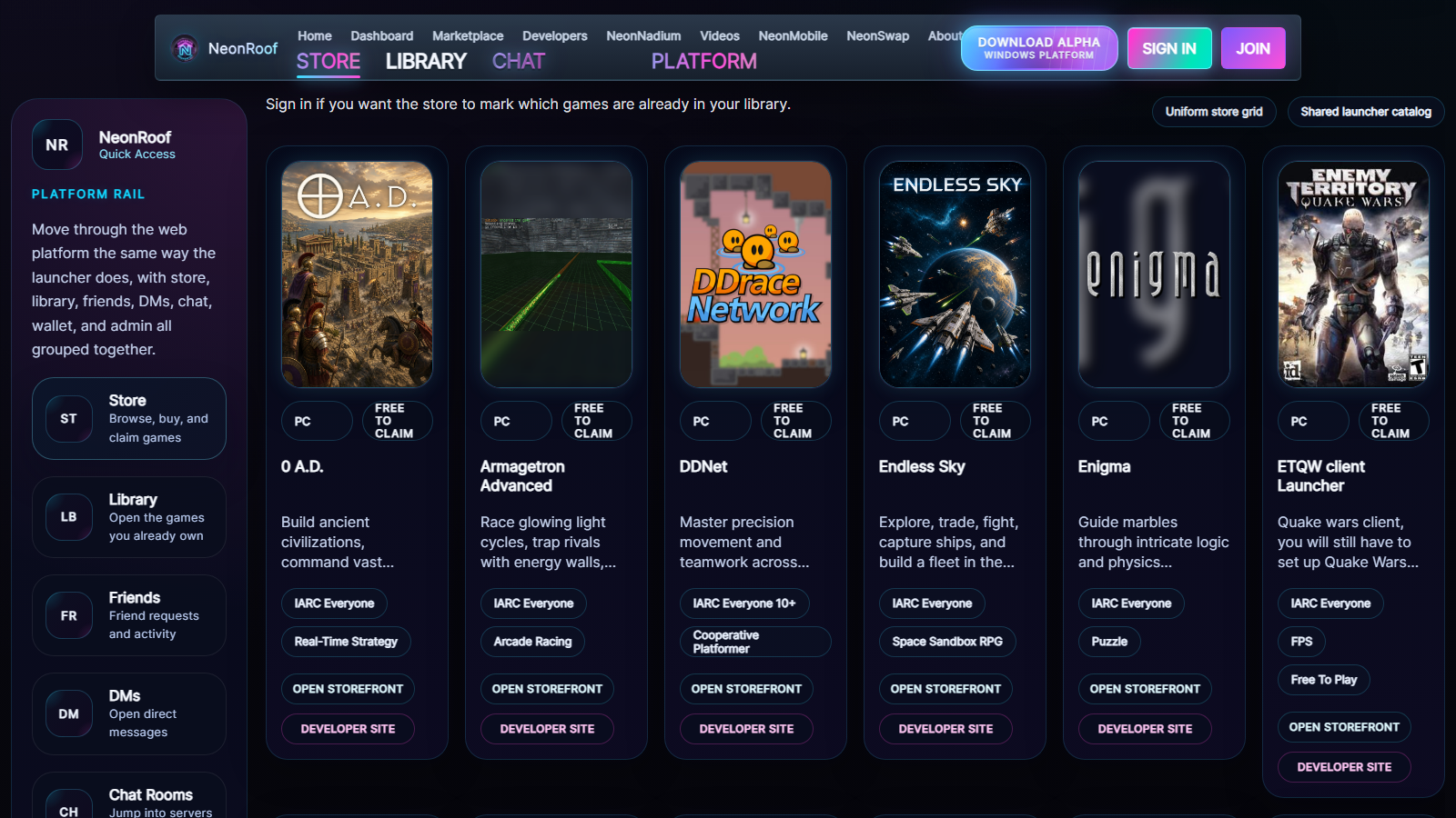 NeonRoof web store showing live indie and open-source PC game cover art