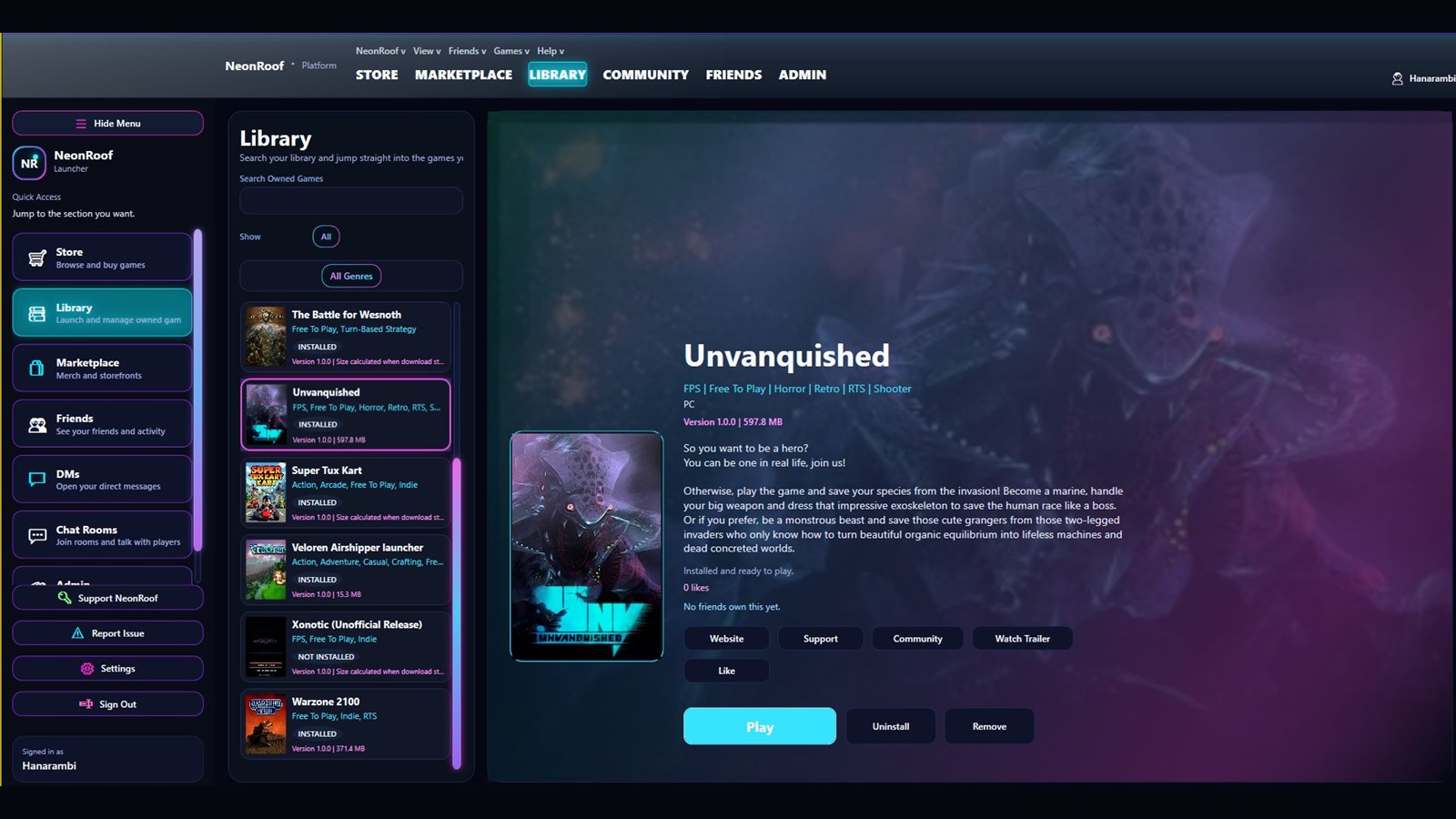 NeonRoof Windows game library with an owned game selected and ready to manage