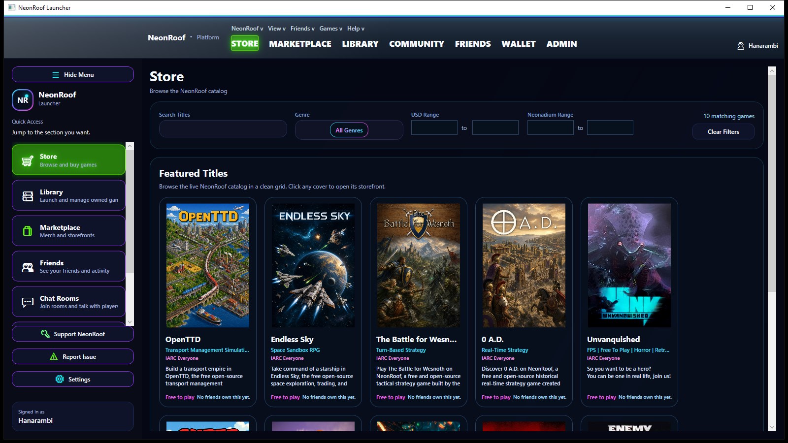NeonRoof Windows launcher showing its indie PC game store