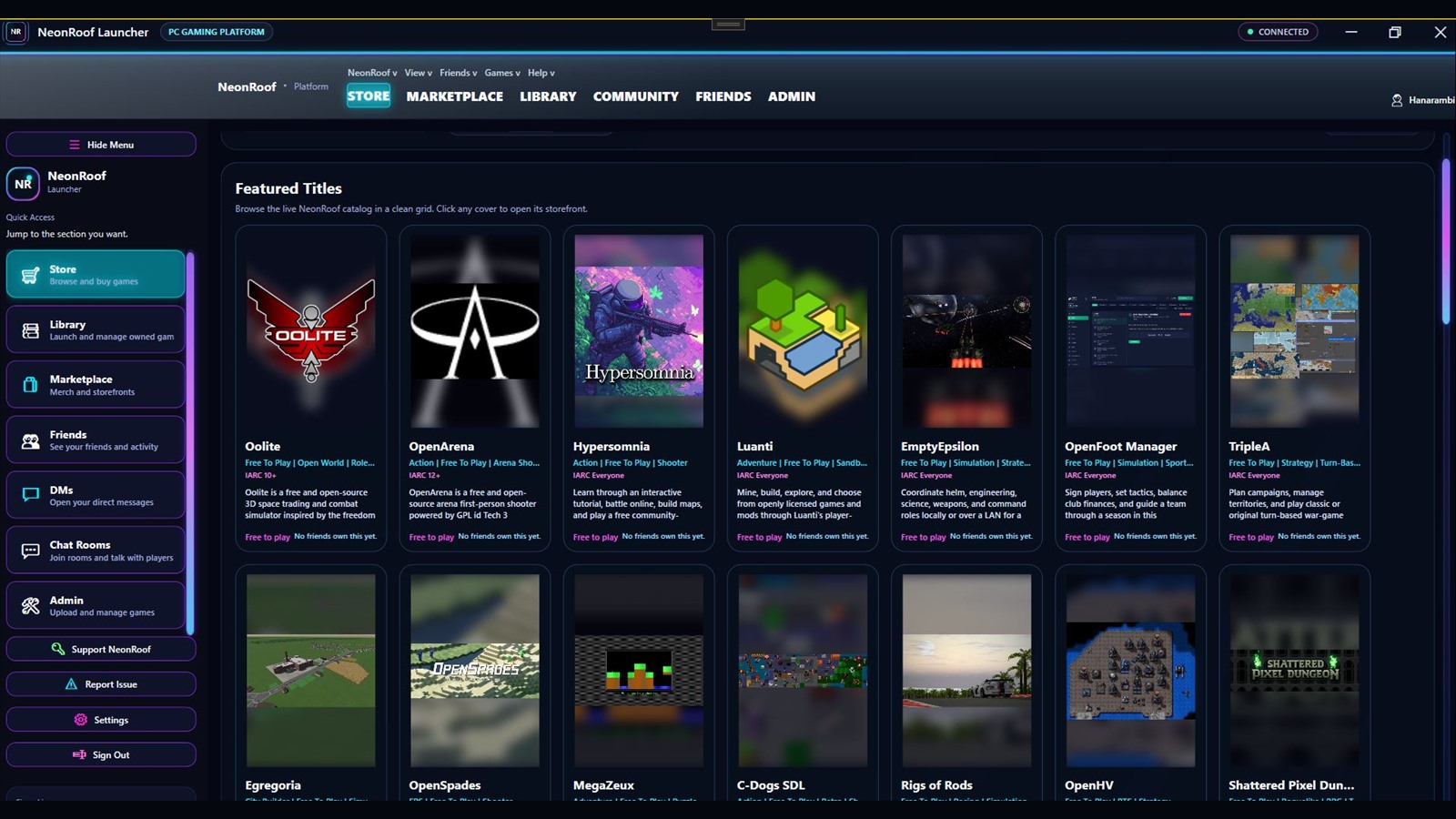 NeonRoof Windows launcher showing the indie PC game store