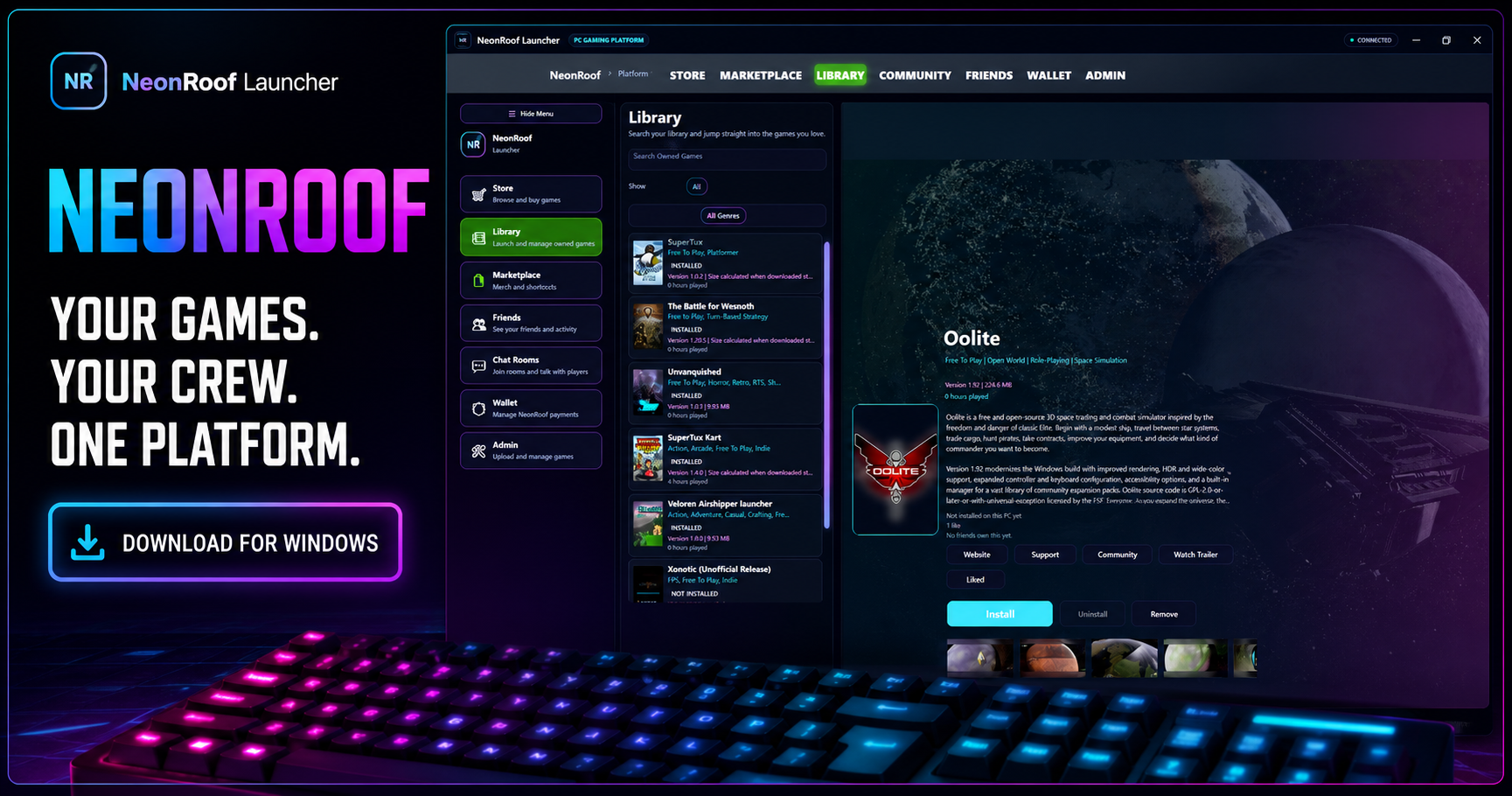 NeonRoof Windows gaming platform campaign with an indie game store, game library, player chat, and creator tools