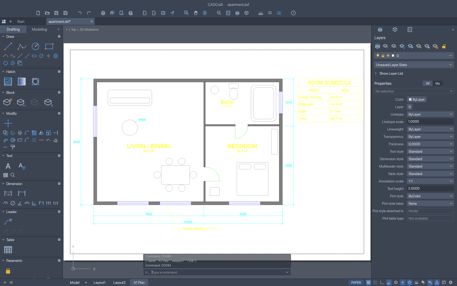 CADCraft paper space layout showing a title block sheet with an active scaled model viewport