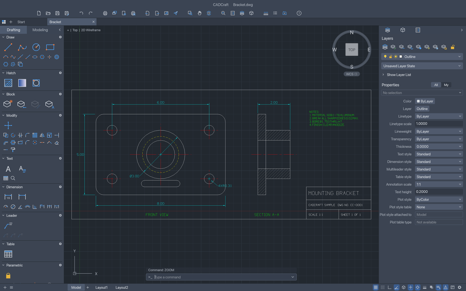 CADCraft drafting a mechanical mounting bracket with section lines, dimensions and title block