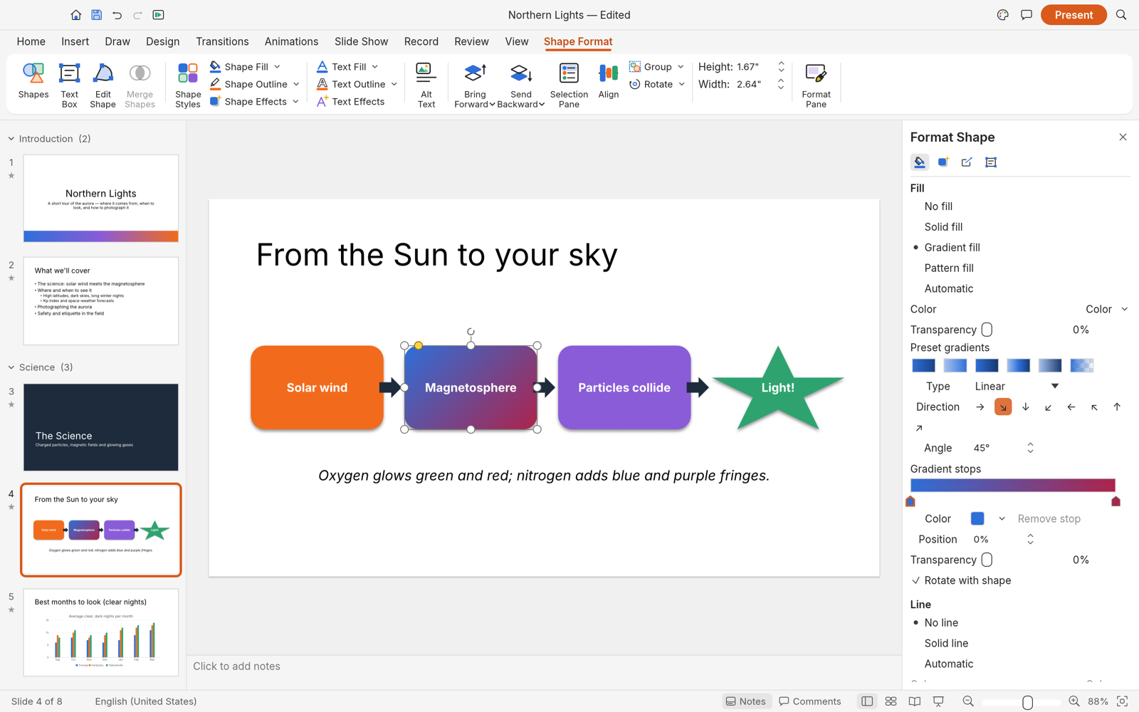 DeckCraft Format Shape pane configuring gradient fill angles, stops and transparency