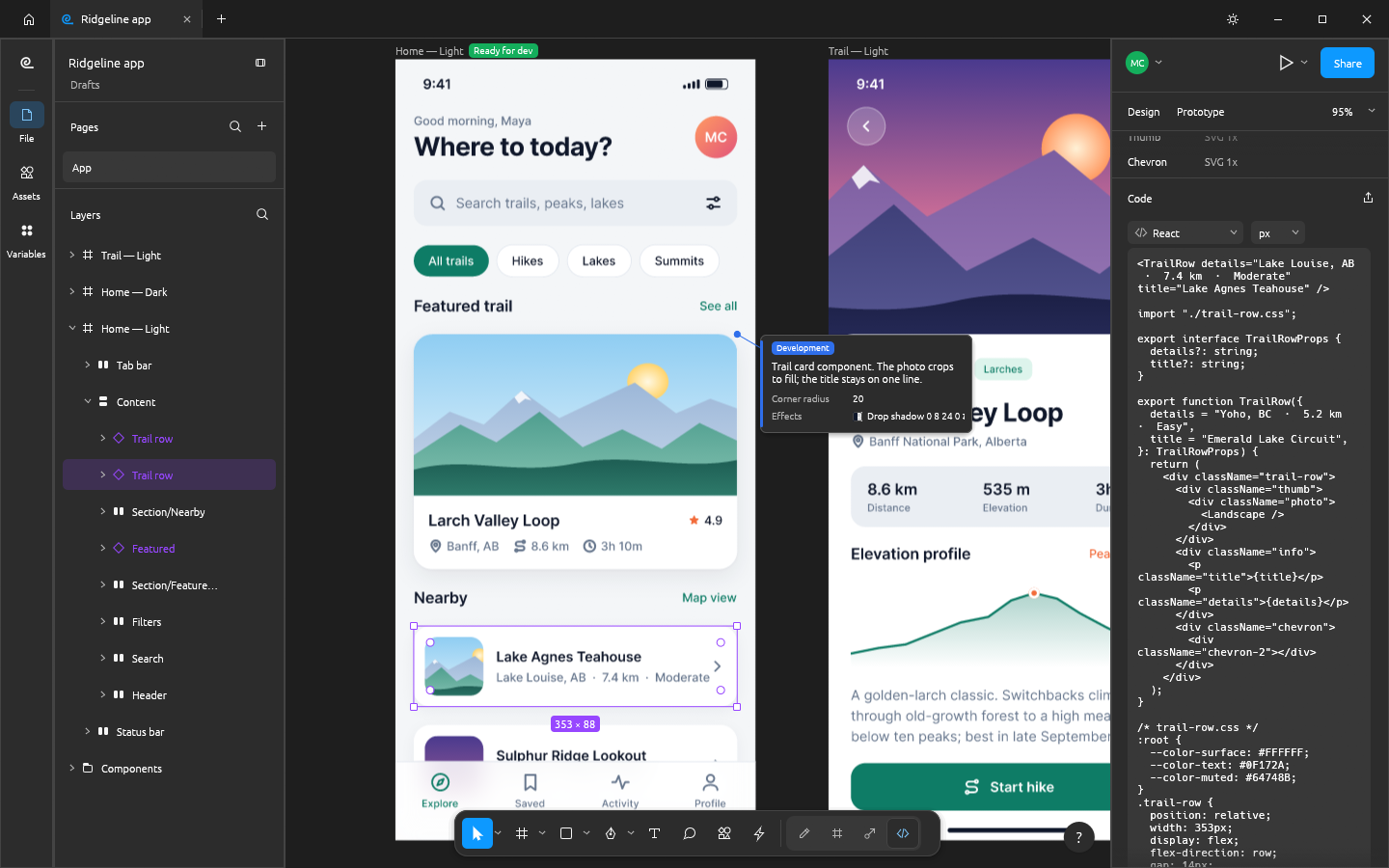FigCraft's Dev Mode on the Ridgeline home screen with a Ready for dev badge, an annotation callout, and the Inspect panel showing generated React code for the selected trail row