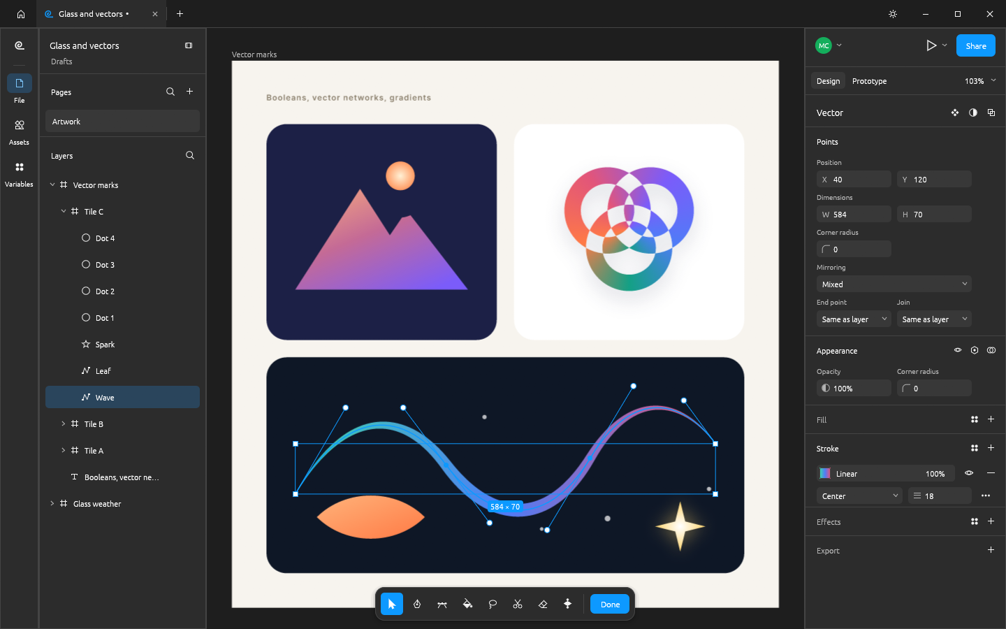 FigCraft's vector edit mode on a wave path with a tapered gradient stroke, its anchor points and bezier handles visible, above a boolean-built mountain mark and a knot of excluded rings
