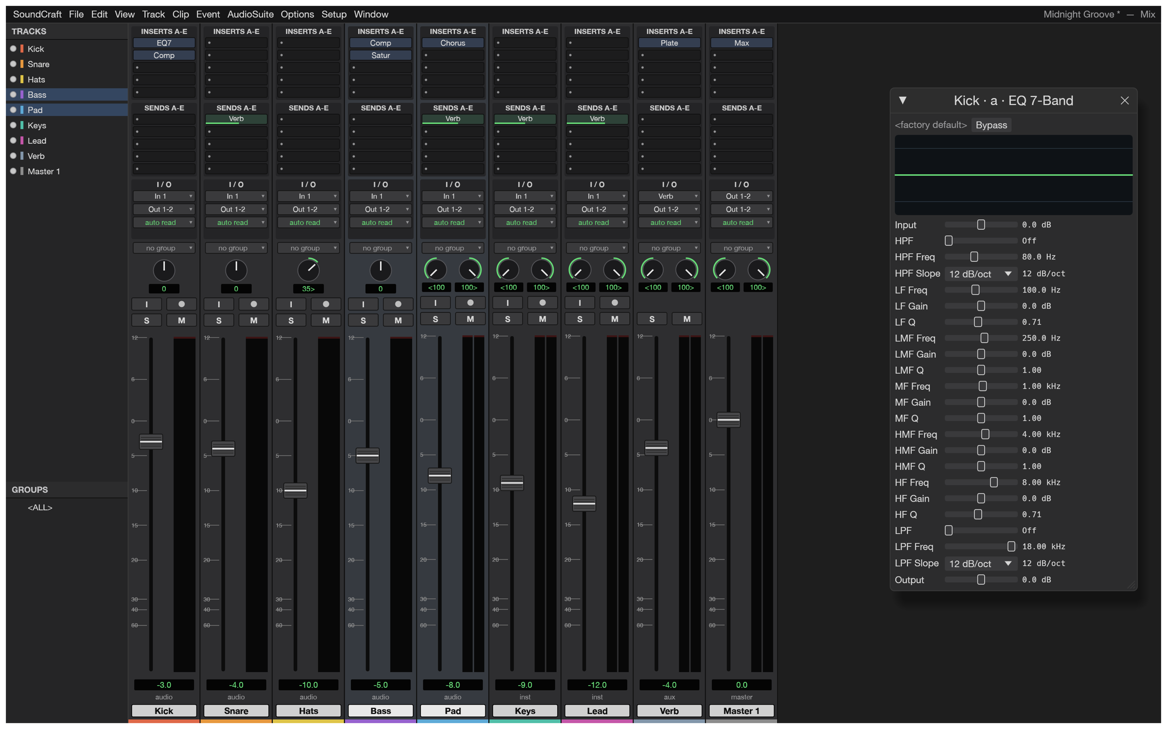 SoundCraft Mix window with ten inserts and sends per track, pan knobs, faders, meters and an EQ plugin window
