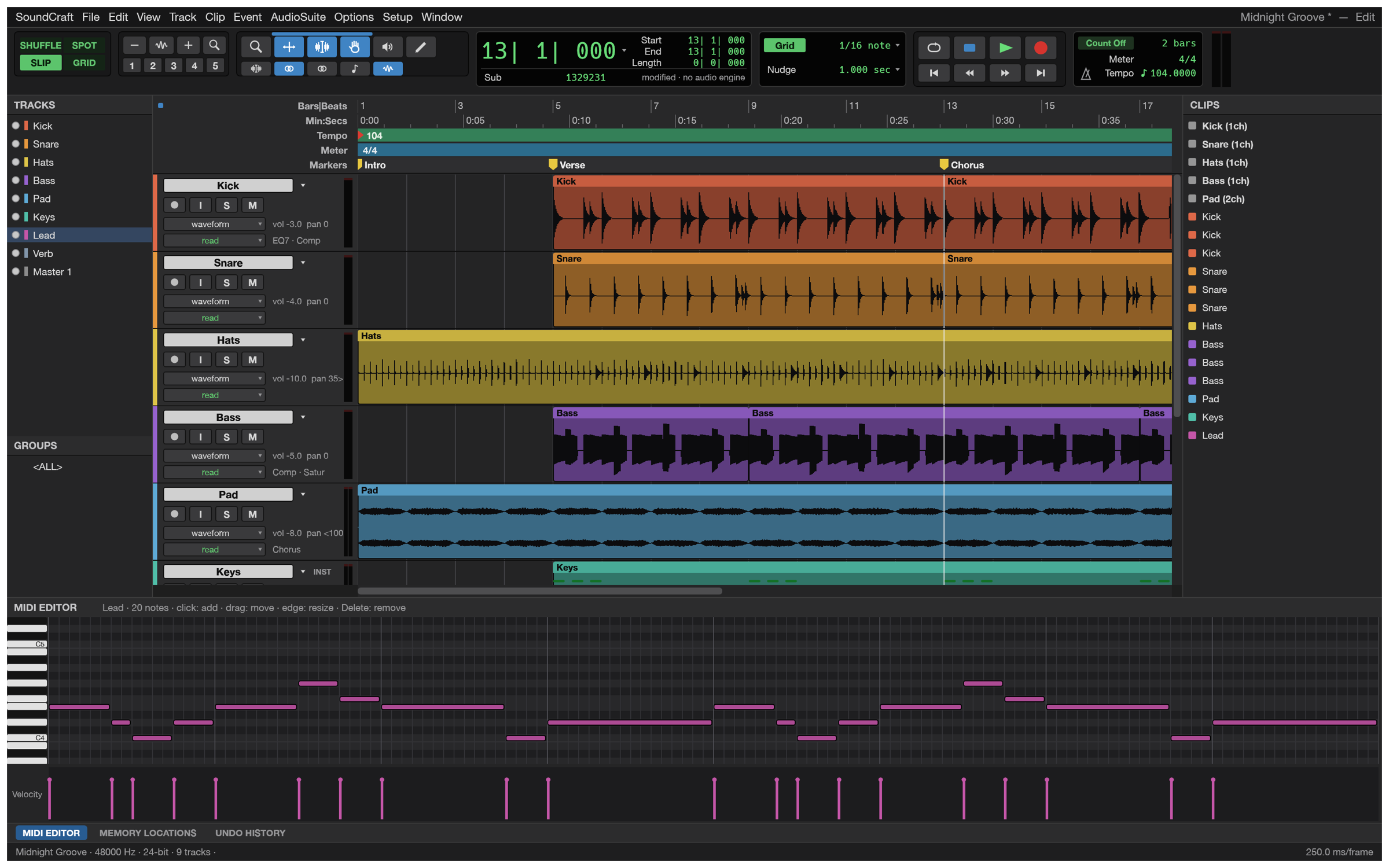 SoundCraft MIDI editor showing note velocity lanes and piano roll editing