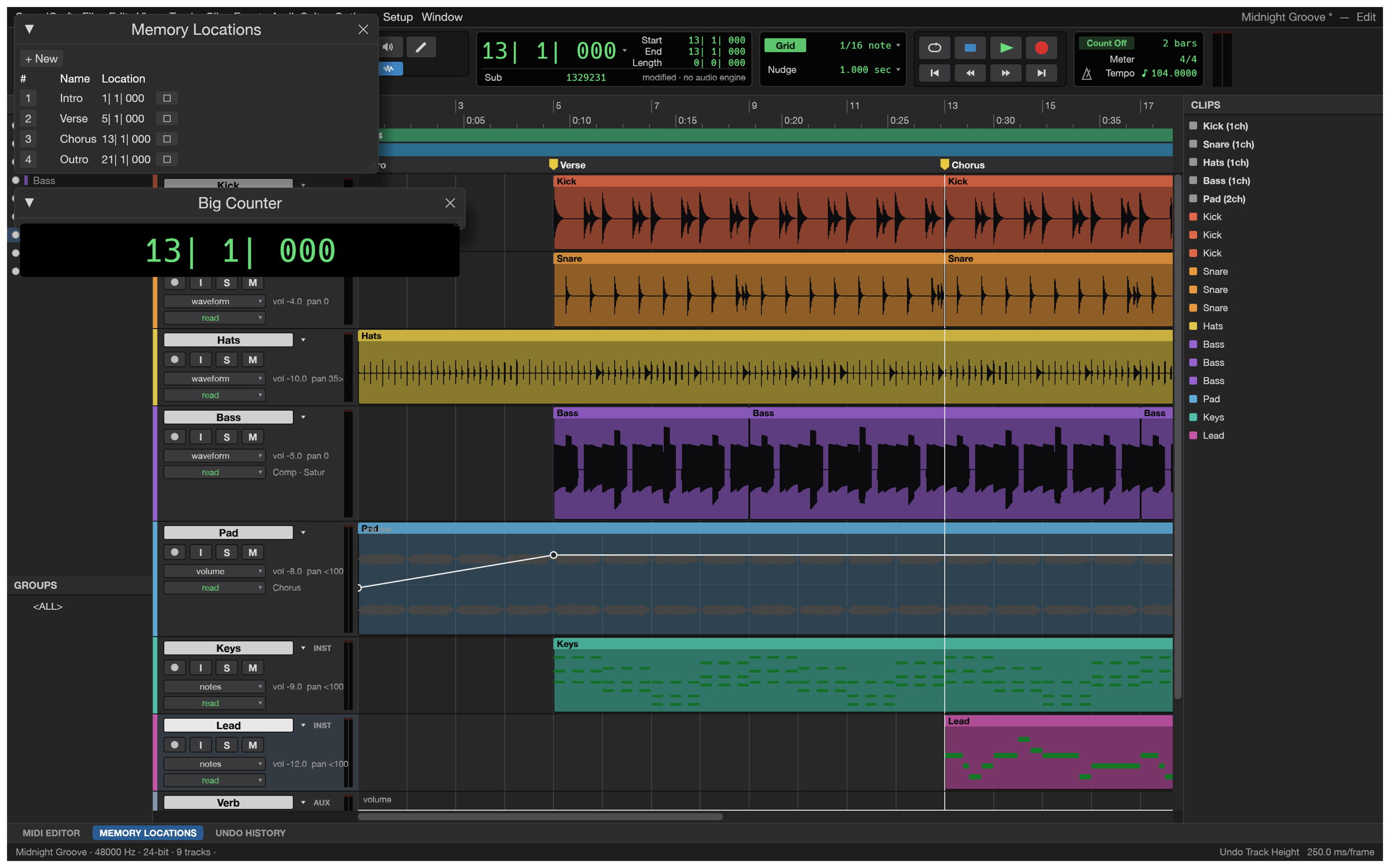SoundCraft displaying volume automation curves on a track alongside the Memory Locations window