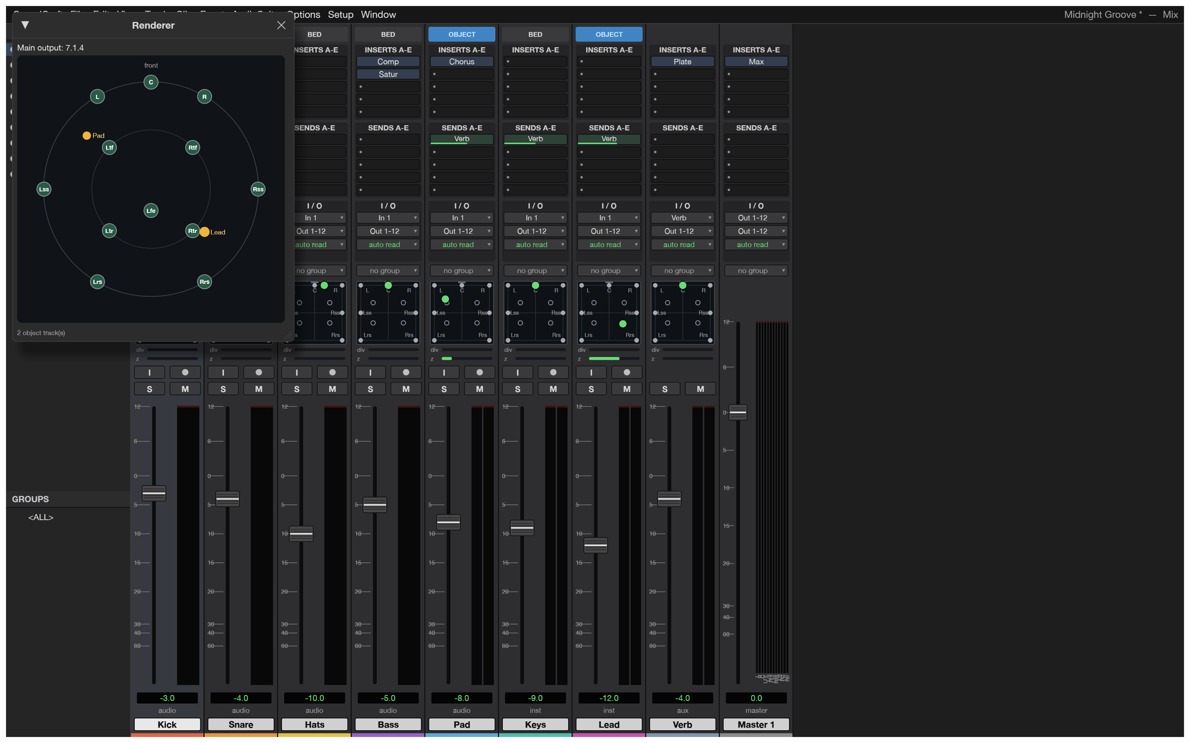 SoundCraft Renderer window displaying a 7.1.4 surround speaker layout and spatial panners