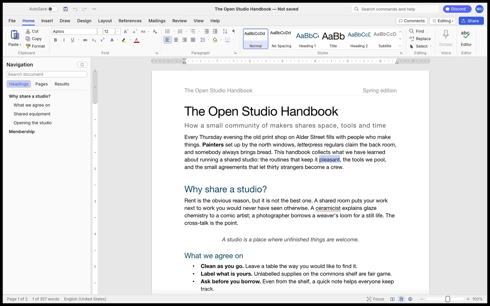 WordCraft with the Home tab of the ribbon open over a two-page document titled The Open Studio Handbook, the Navigation pane on the left, and the Styles gallery showing live previews