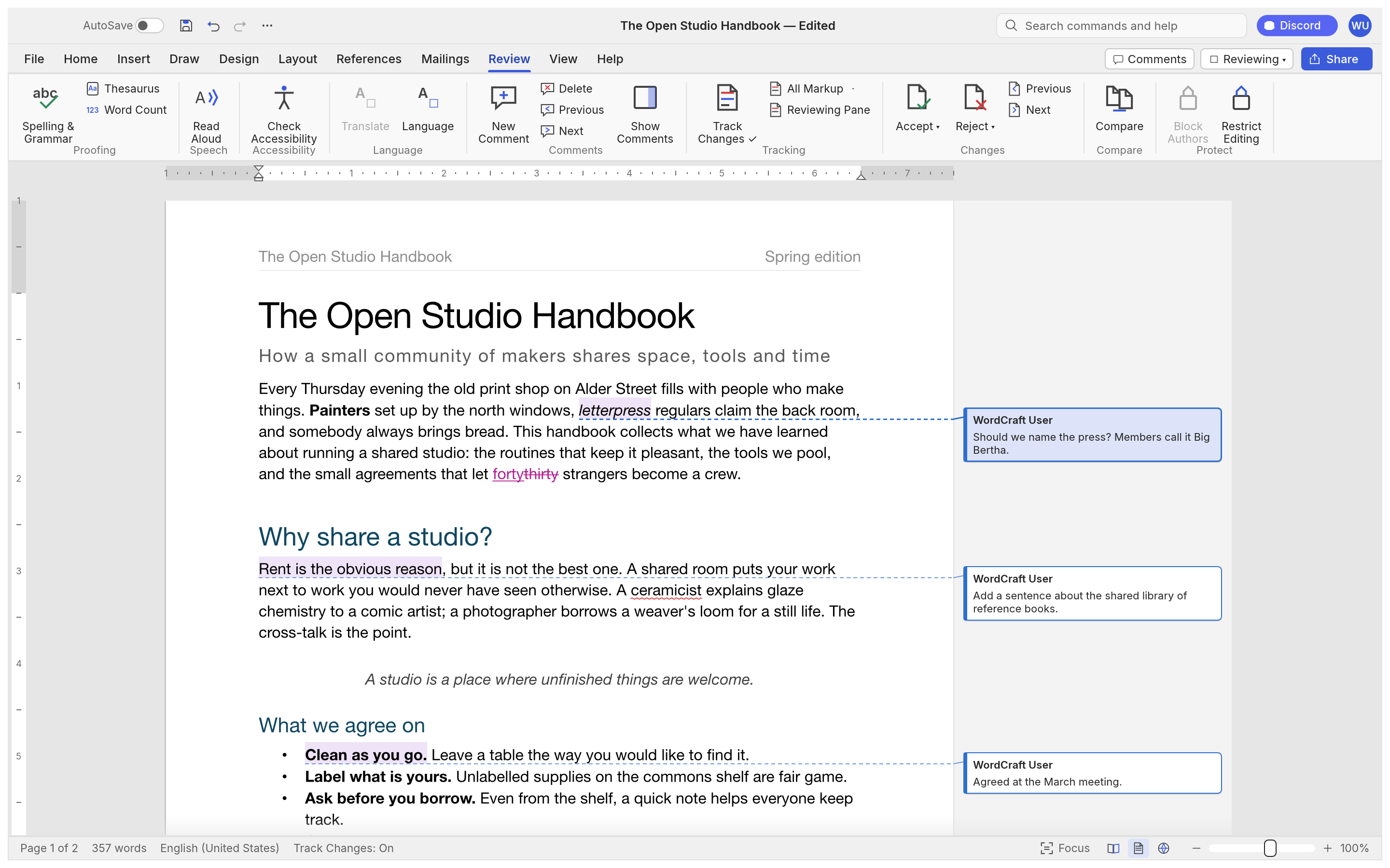 WordCraft's Review tab with Track Changes on, inline insertions and deletions, and margin comment balloons