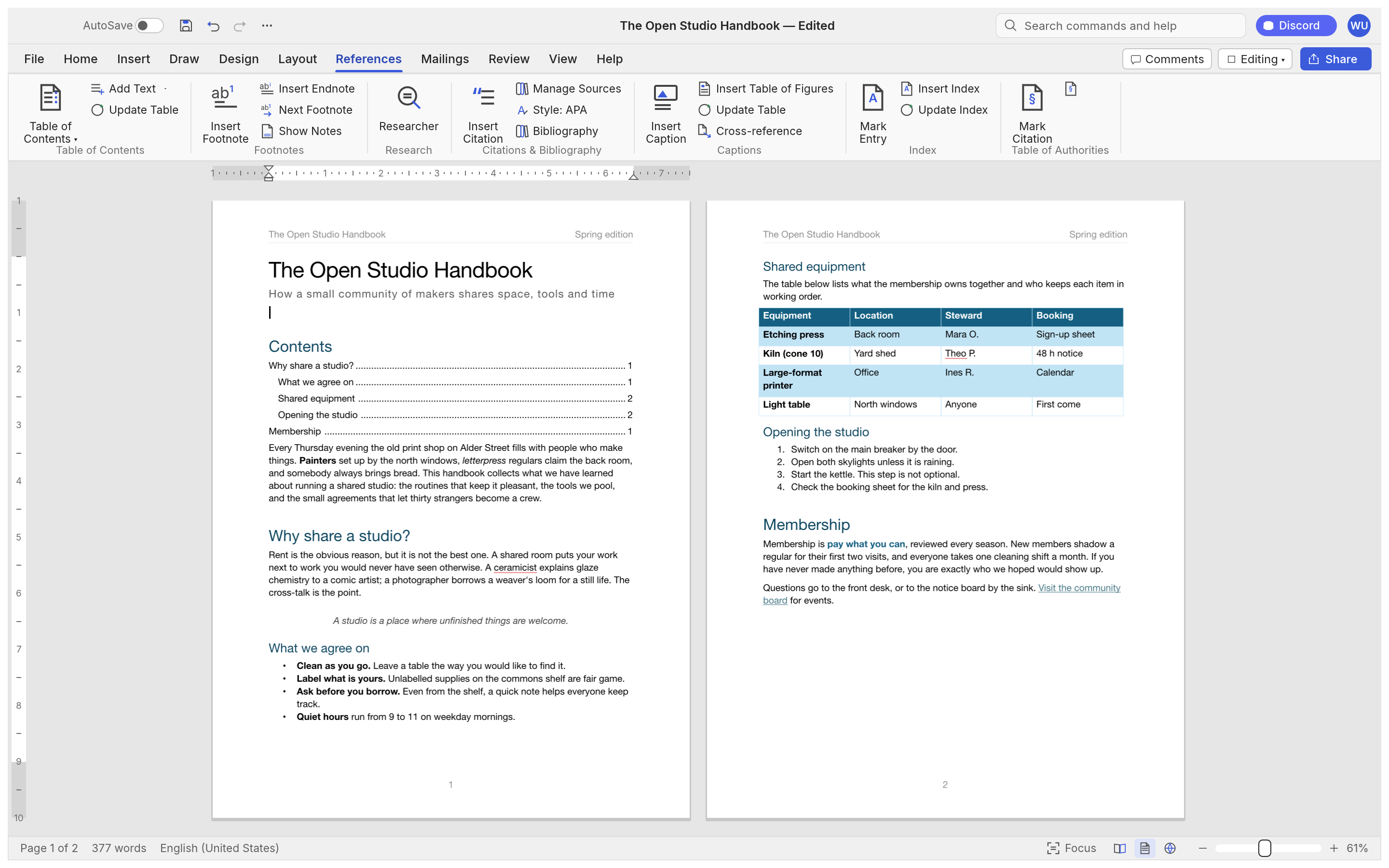 WordCraft's References tab showing a table of contents with dot leaders on page one and citations on page two
