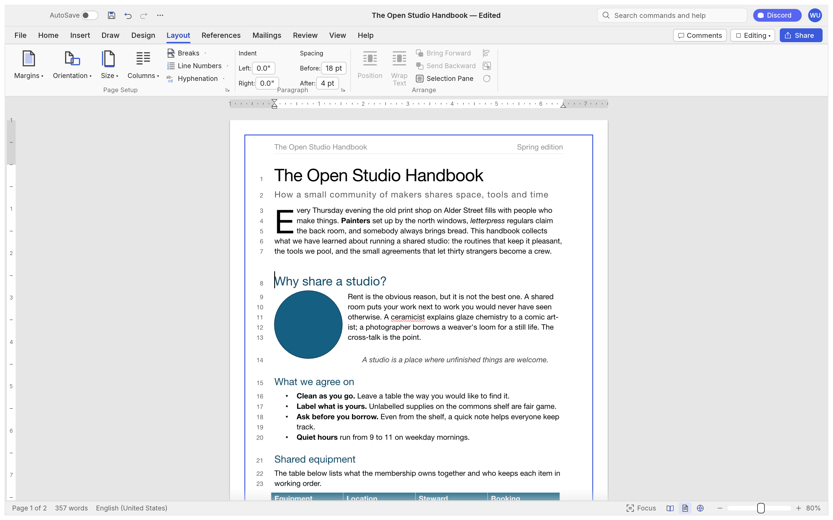 WordCraft layout tab showing a three-line drop cap, text wrapping around an object, and margin line numbers