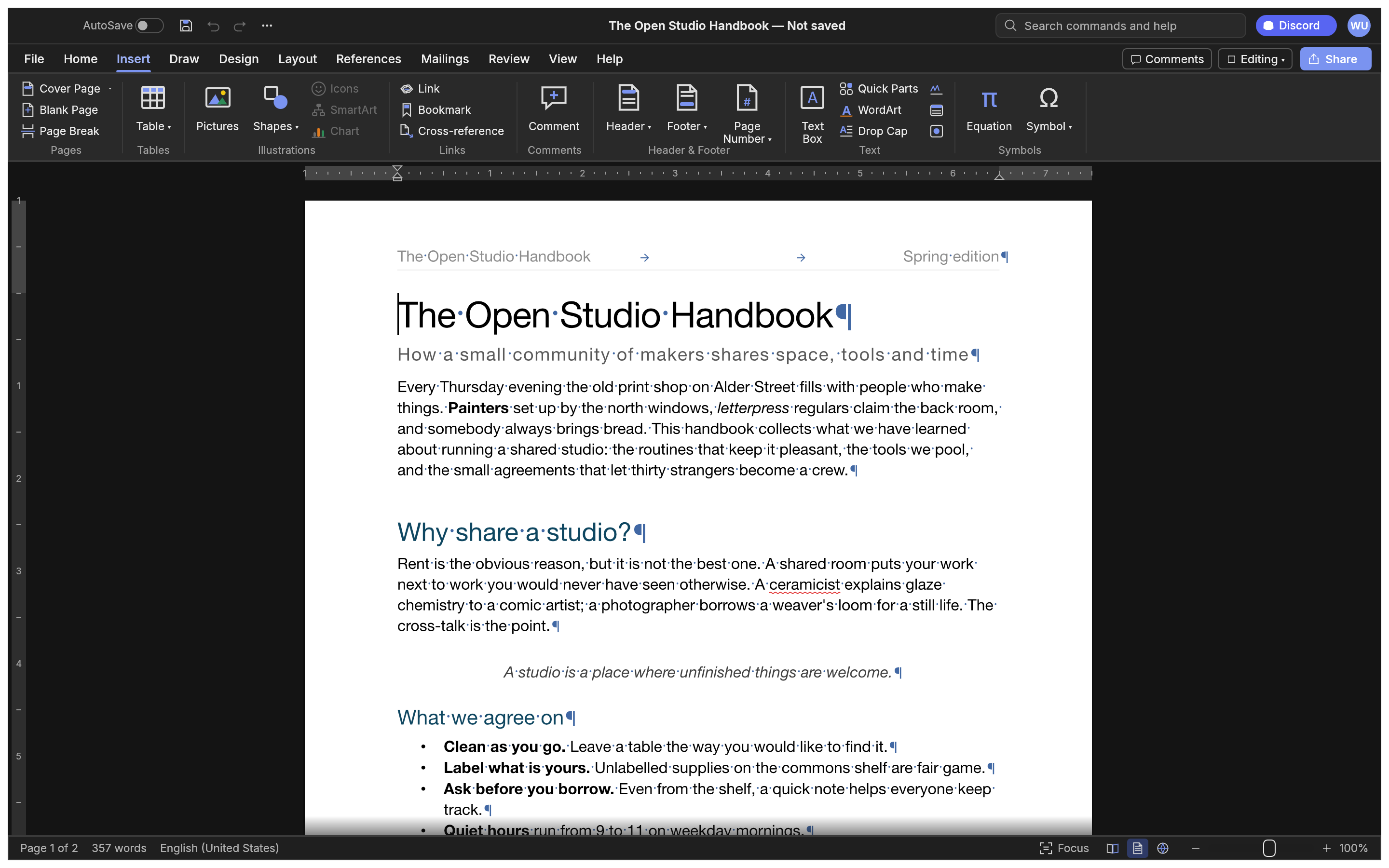 WordCraft in dark mode with the Insert tab open and formatting marks visible