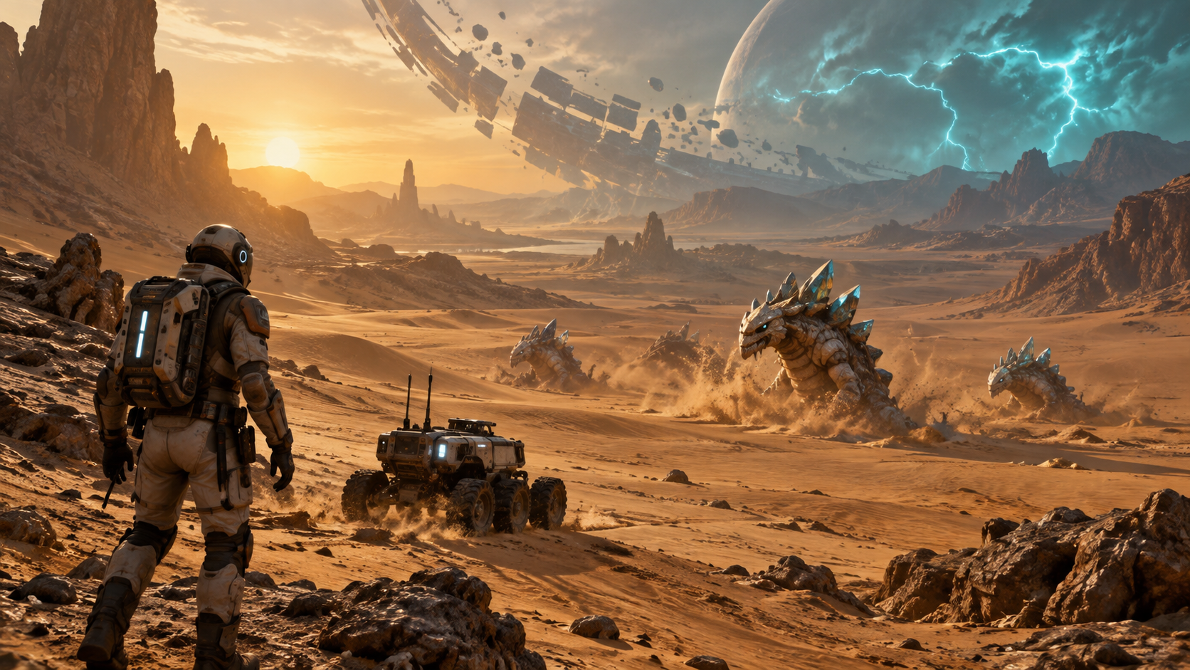 Sable Horizon explorer and rover facing crystalline creatures in an amber desert