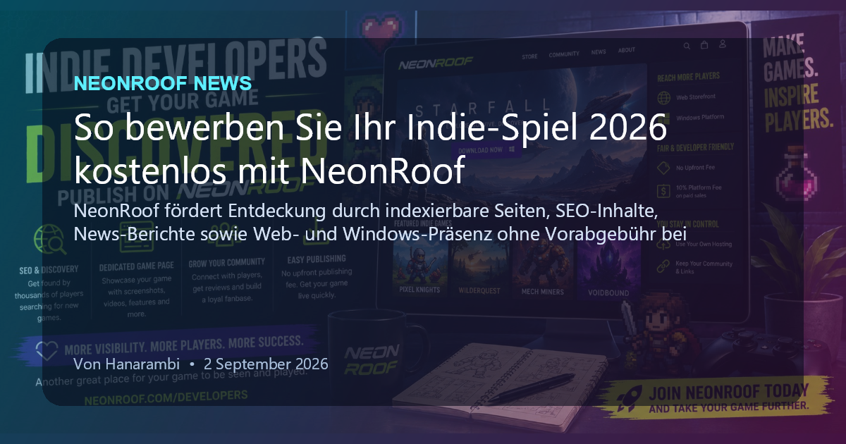 NeonRoof News social preview for So bewerben Sie Ihr Indie-Spiel 2026 kostenlos mit NeonRoof