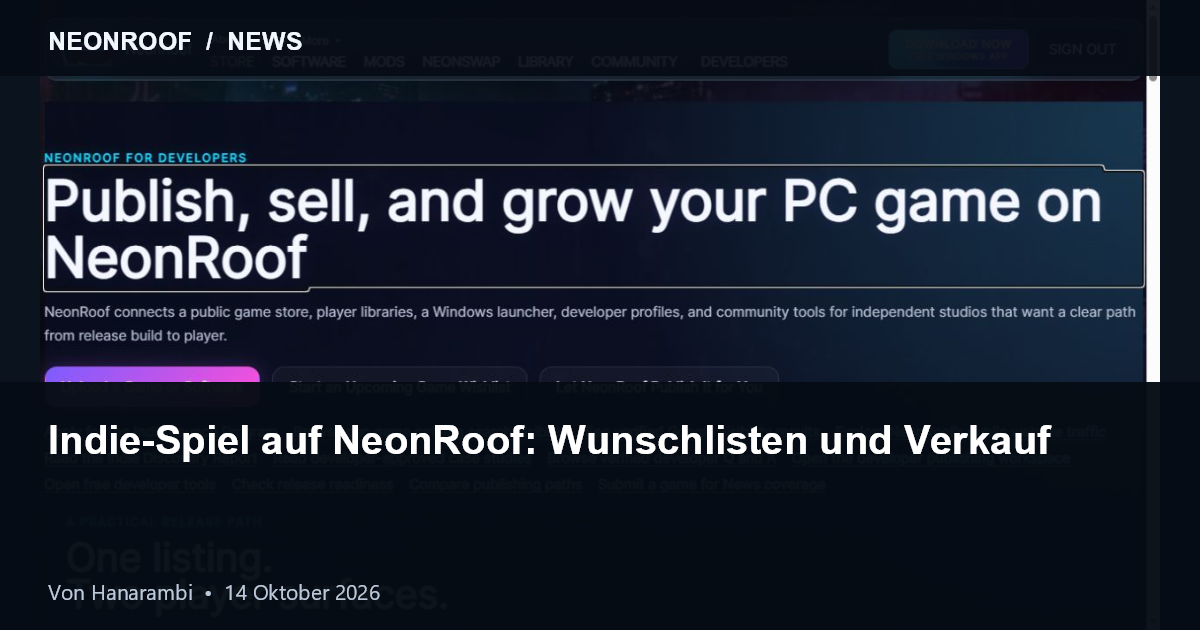 Echte NeonRoof-Veröffentlichungsseite vom 14. Oktober 2026: Spiele, Wunschlisten und verknüpfte Auffindbarkeit.