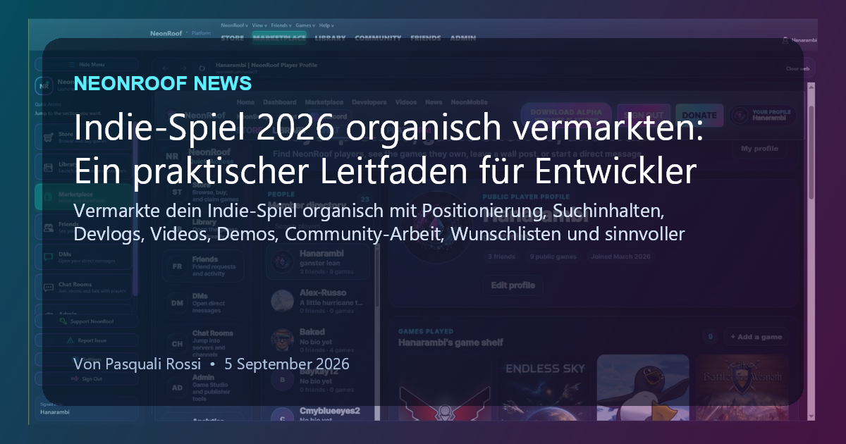 NeonRoof News social preview for Indie-Spiel 2026 organisch vermarkten: Ein praktischer Leitfaden für Entwickler