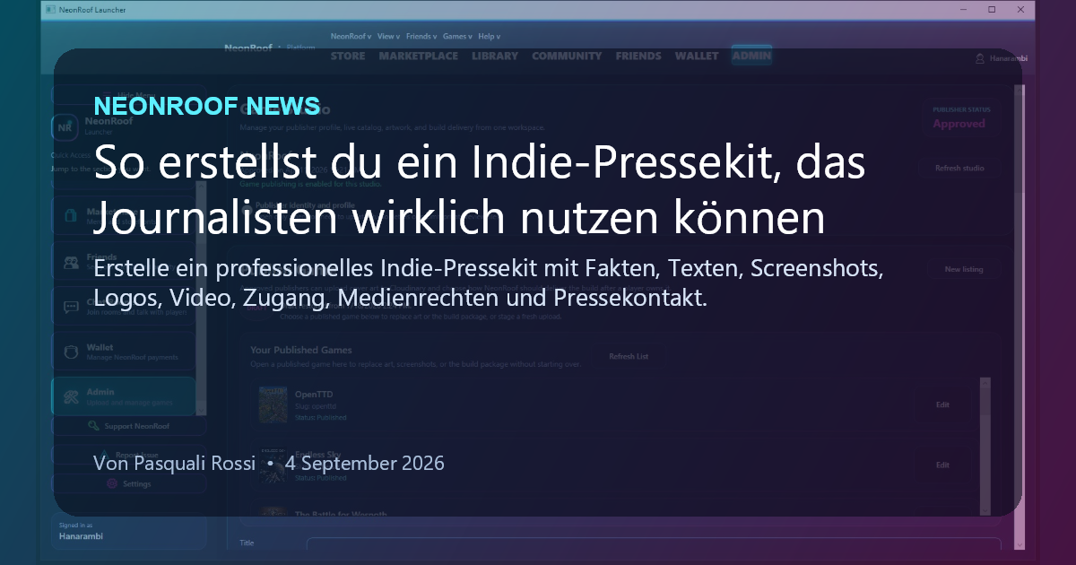 NeonRoof News social preview for So erstellst du ein Indie-Pressekit, das Journalisten wirklich nutzen können