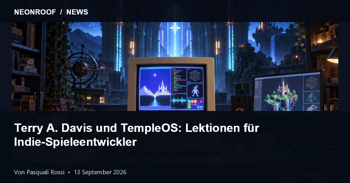 Ein Retrocomputer und ein moderner Arbeitsplatz für Spieleentwicklung als Symbol für TempleOS und unabhängige Software