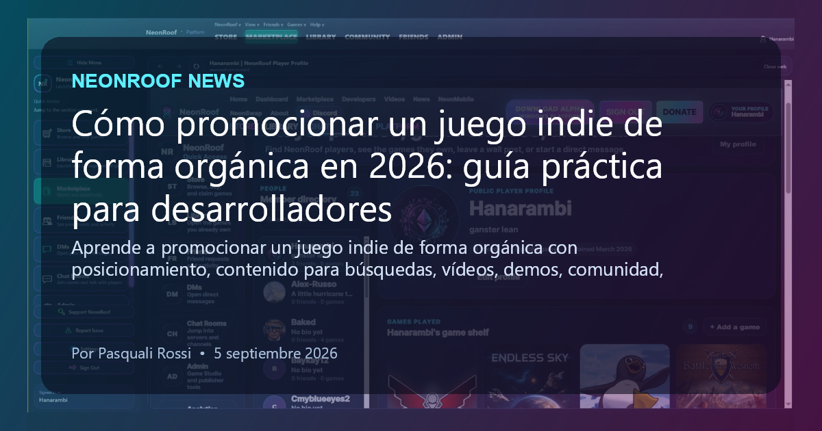 NeonRoof News social preview for Cómo promocionar un juego indie de forma orgánica en 2026: guía práctica para desarrolladores