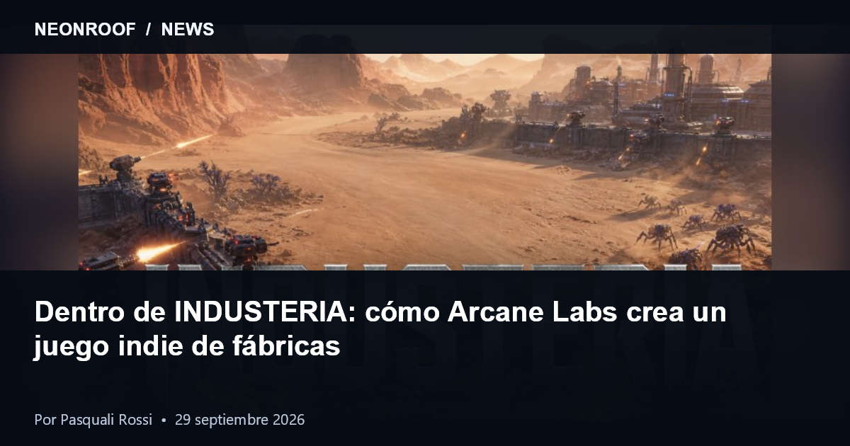 Arte panorámico de INDUSTERIA con un asentamiento industrial alienígena y sus defensas
