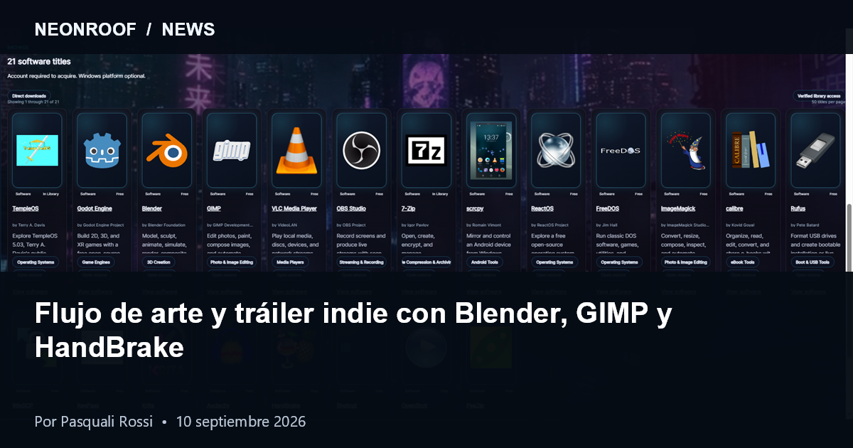 Flujo de arte y tráiler para juegos indie con Blender, GIMP y HandBrake