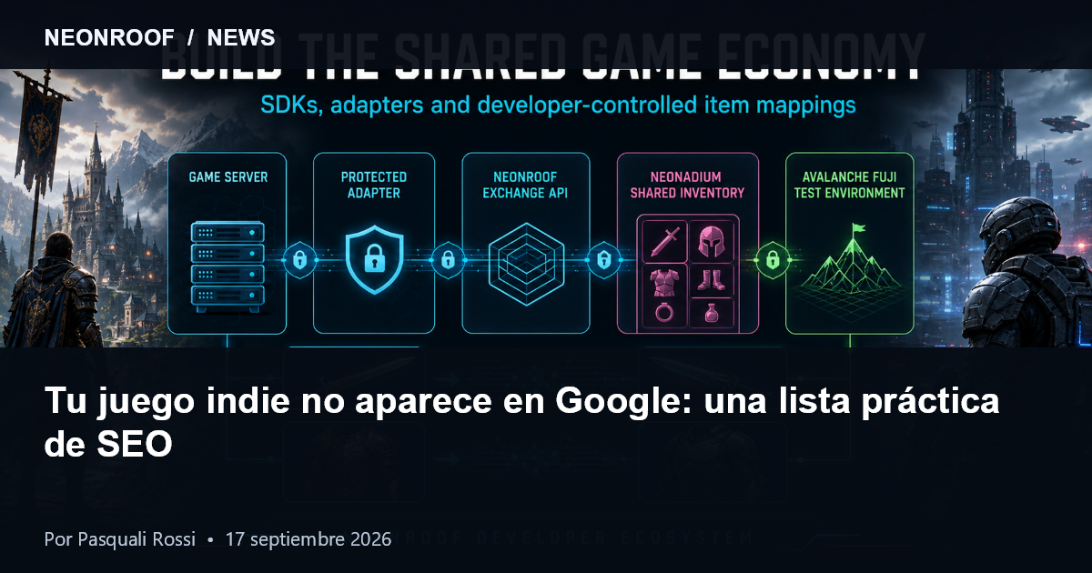 Ecosistema de NeonRoof con páginas de juegos, perfiles de estudios y recursos de descubrimiento