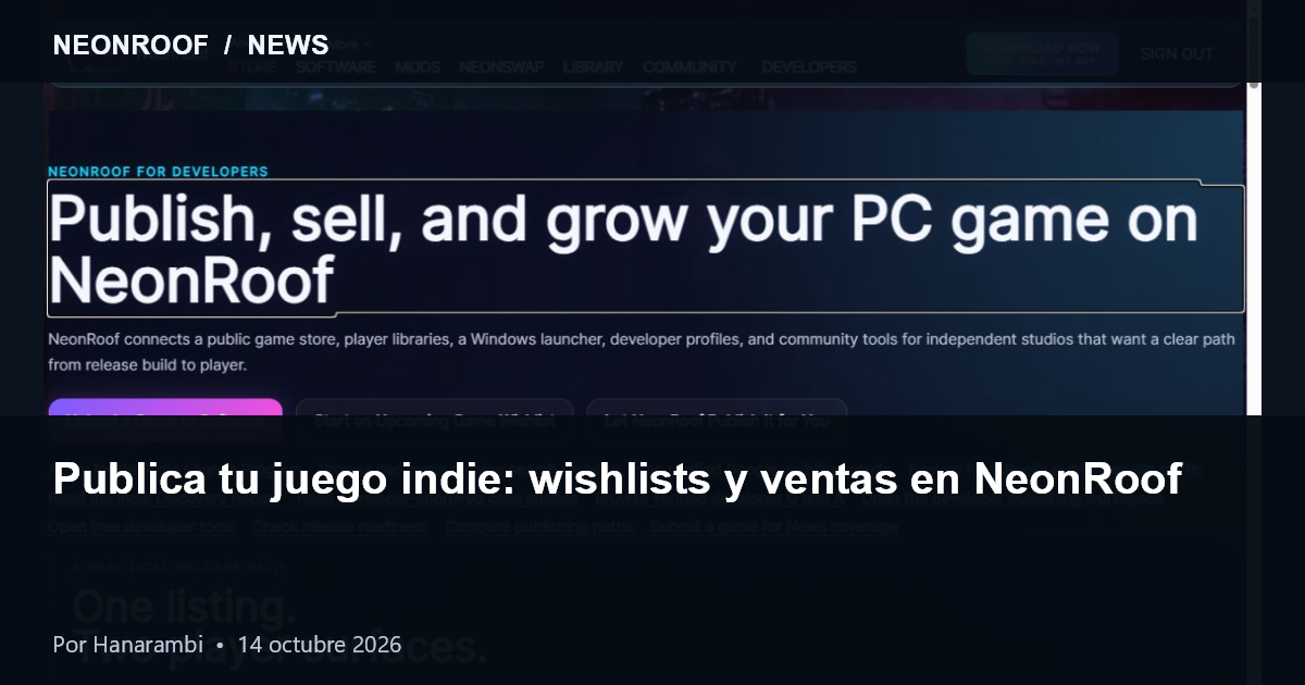 Página real de publicación de NeonRoof, capturada el 14 de octubre de 2026: juegos, wishlists y descubrimiento conectado.
