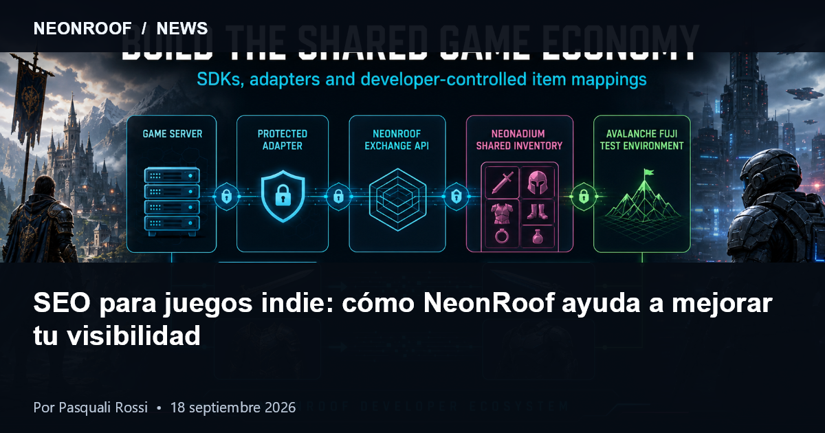 Ecosistema NeonRoof con juegos indie, perfiles de desarrolladores y recursos de descubrimiento