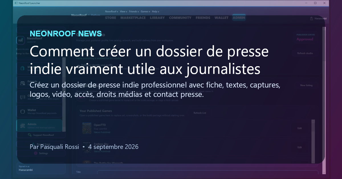 NeonRoof News social preview for Comment créer un dossier de presse indie vraiment utile aux journalistes