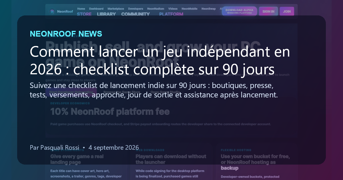 NeonRoof News social preview for Comment lancer un jeu indépendant en 2026 : checklist complète sur 90 jours
