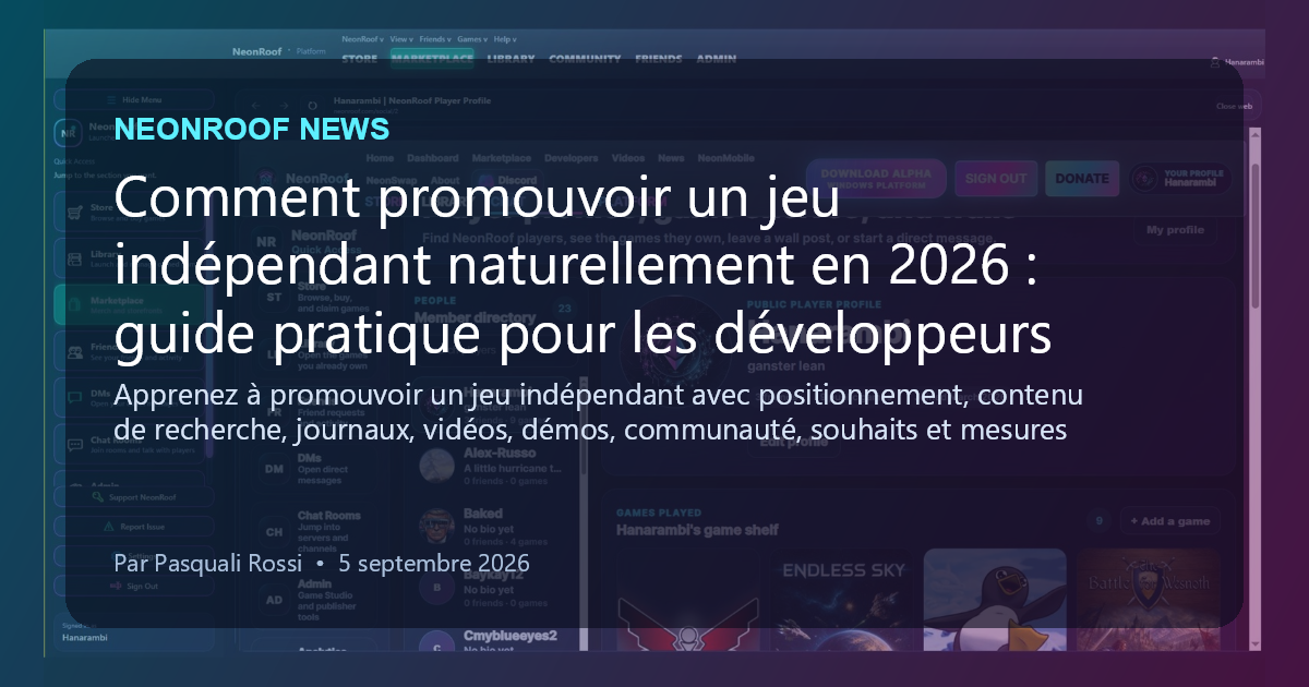 NeonRoof News social preview for Comment promouvoir un jeu indépendant naturellement en 2026 : guide pratique pour les développeurs