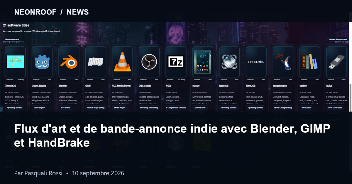 Flux d'art et de bande-annonce pour jeu indépendant avec Blender, GIMP et HandBrake