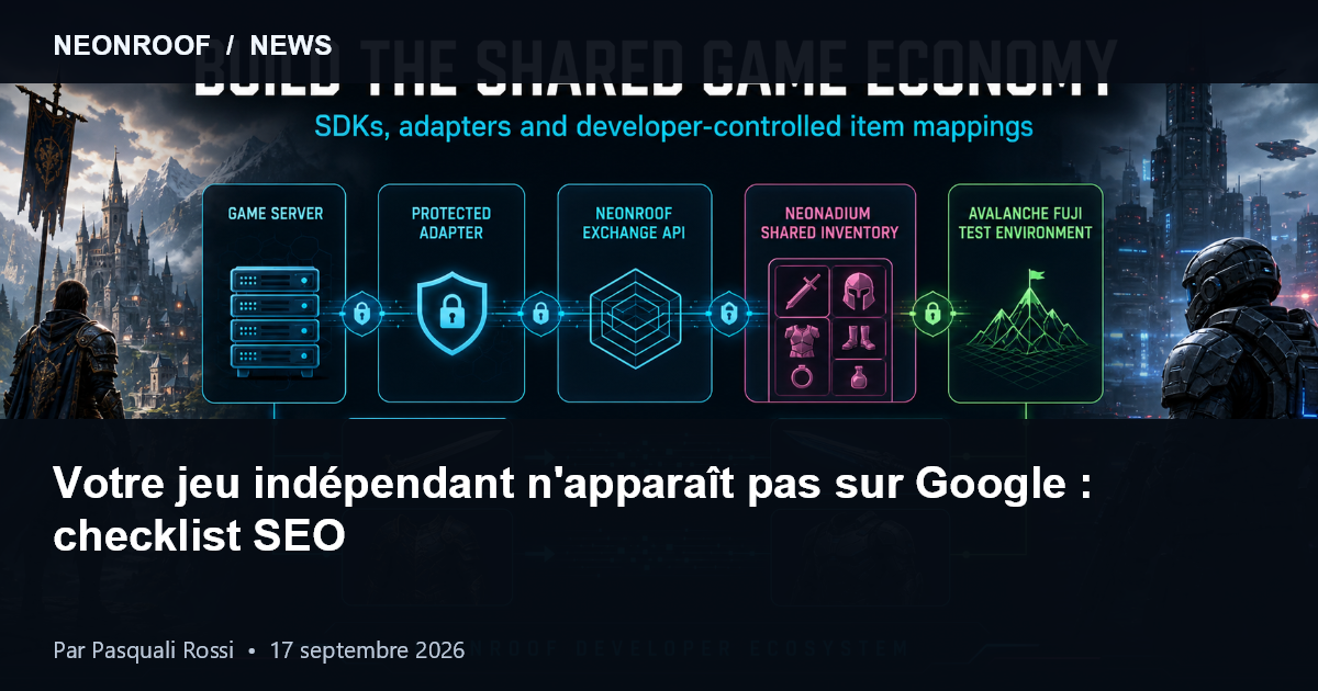 Écosystème NeonRoof reliant pages de jeux, profils de studios et ressources de découverte