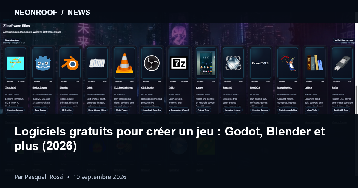 Logiciels gratuits de création de jeux pour développeurs indépendants sur NeonRoof