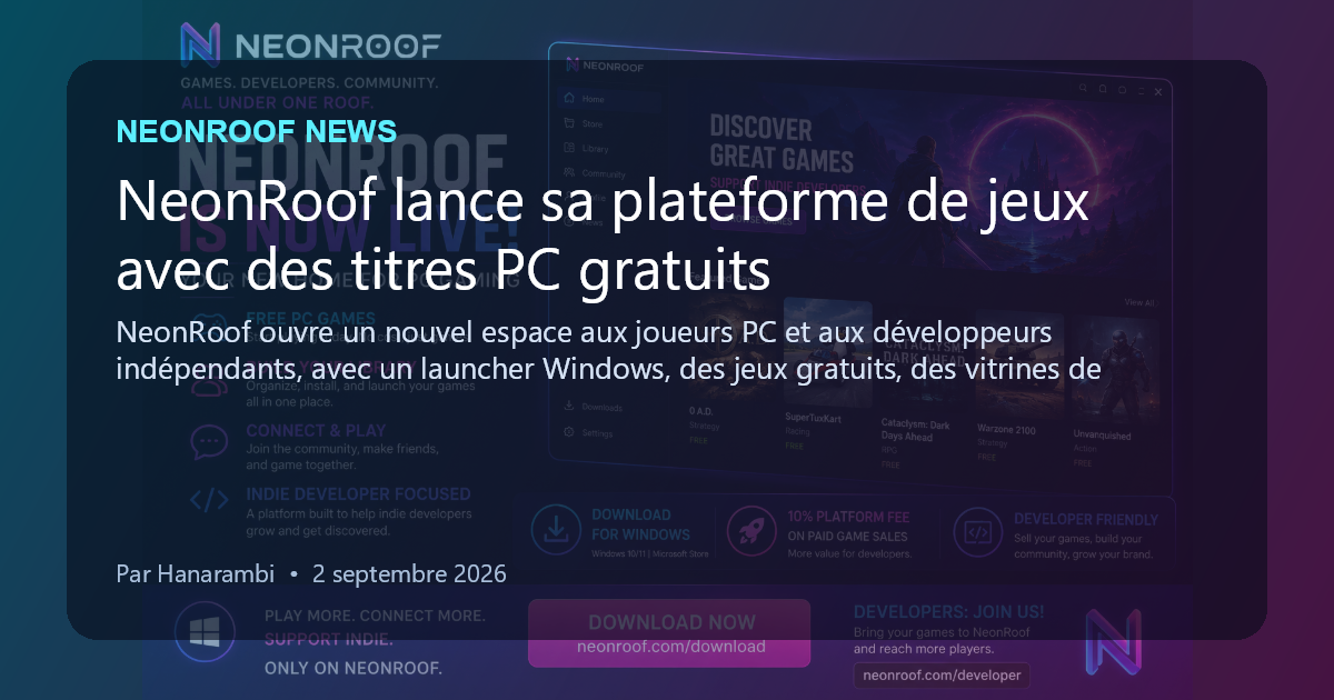 NeonRoof News social preview for NeonRoof lance sa plateforme de jeux avec des titres PC gratuits