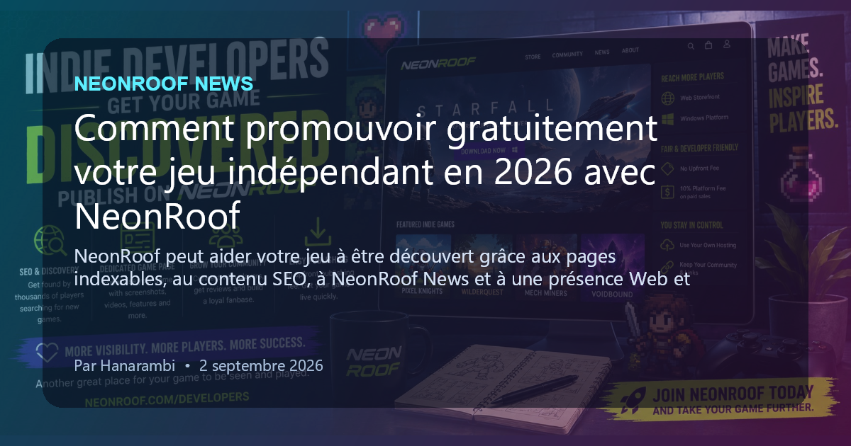 NeonRoof News social preview for Comment promouvoir gratuitement votre jeu indépendant en 2026 avec NeonRoof