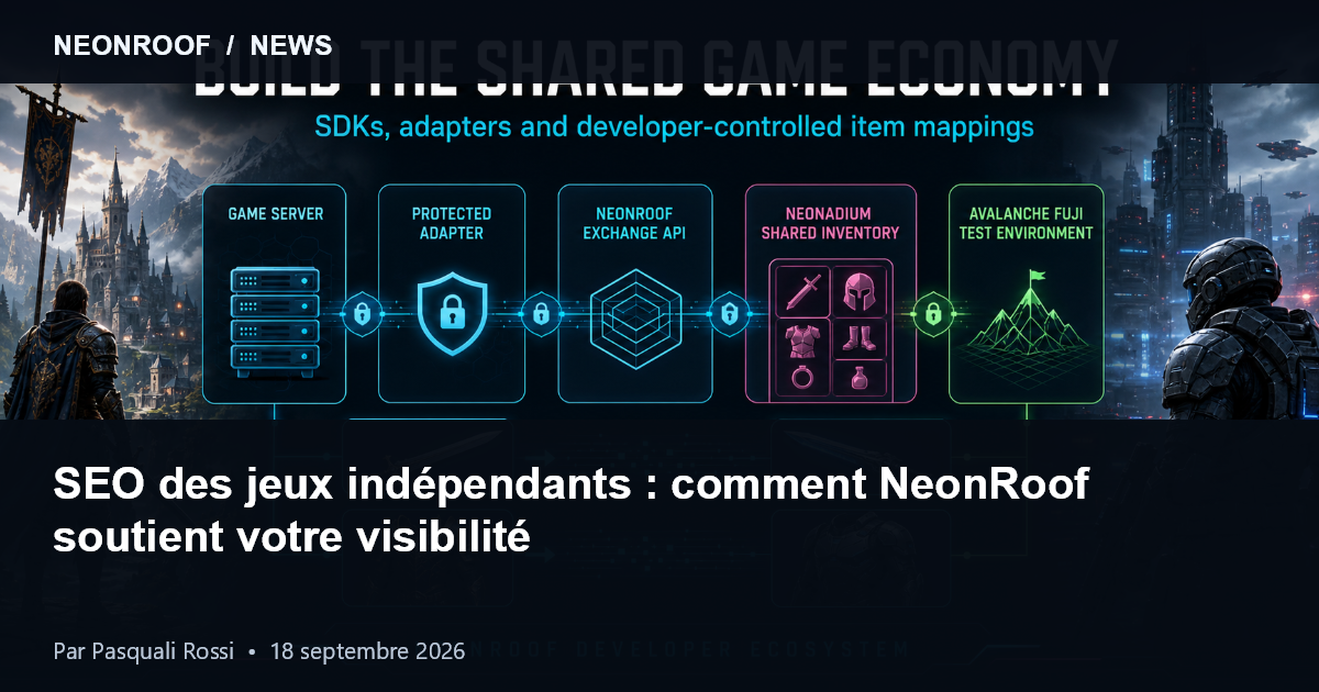 Écosystème NeonRoof reliant jeux indépendants, profils de développeurs et ressources de découverte