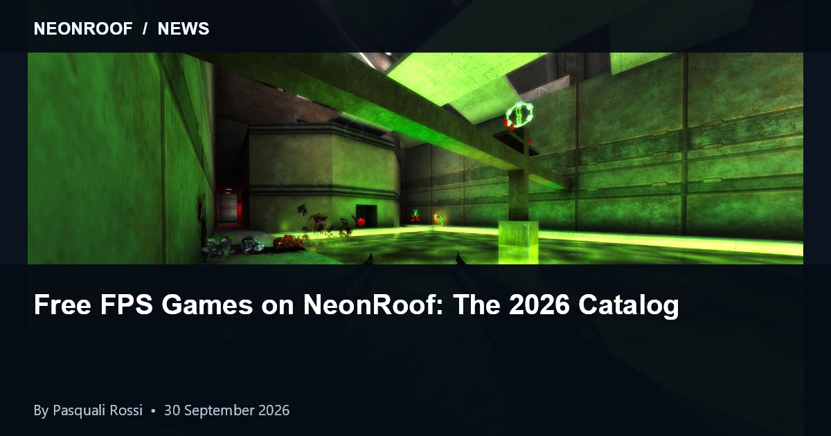 Rexuiz arena gameplay, representing the free first-person shooters in the NeonRoof catalog