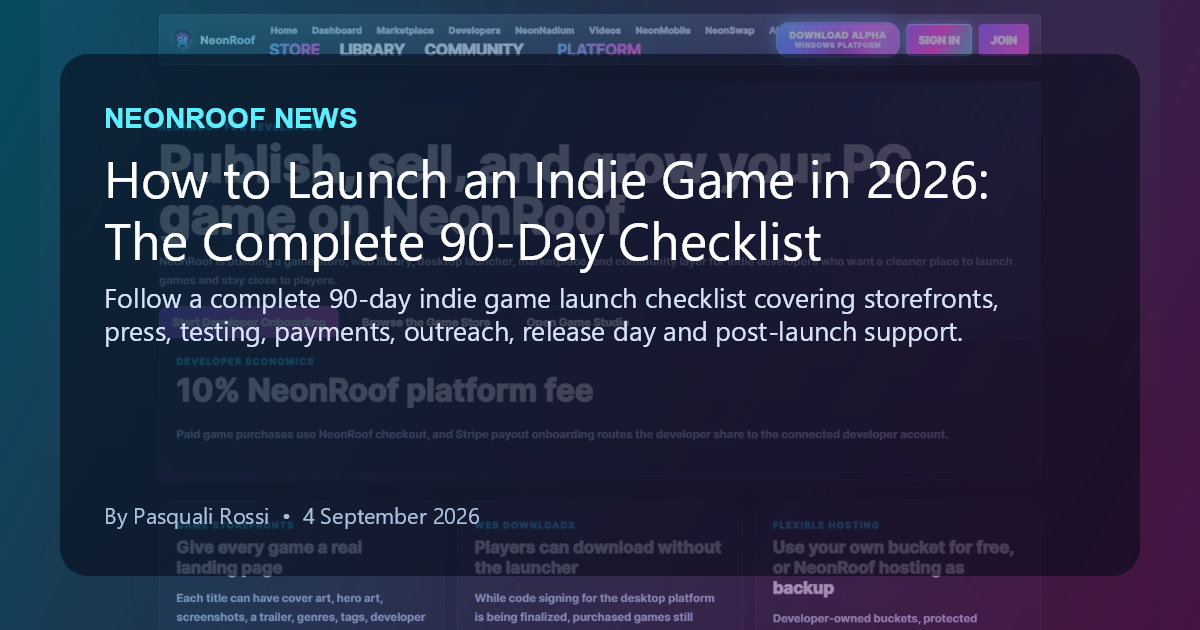 NeonRoof News social preview for How to Launch an Indie Game in 2026: The Complete 90-Day Checklist