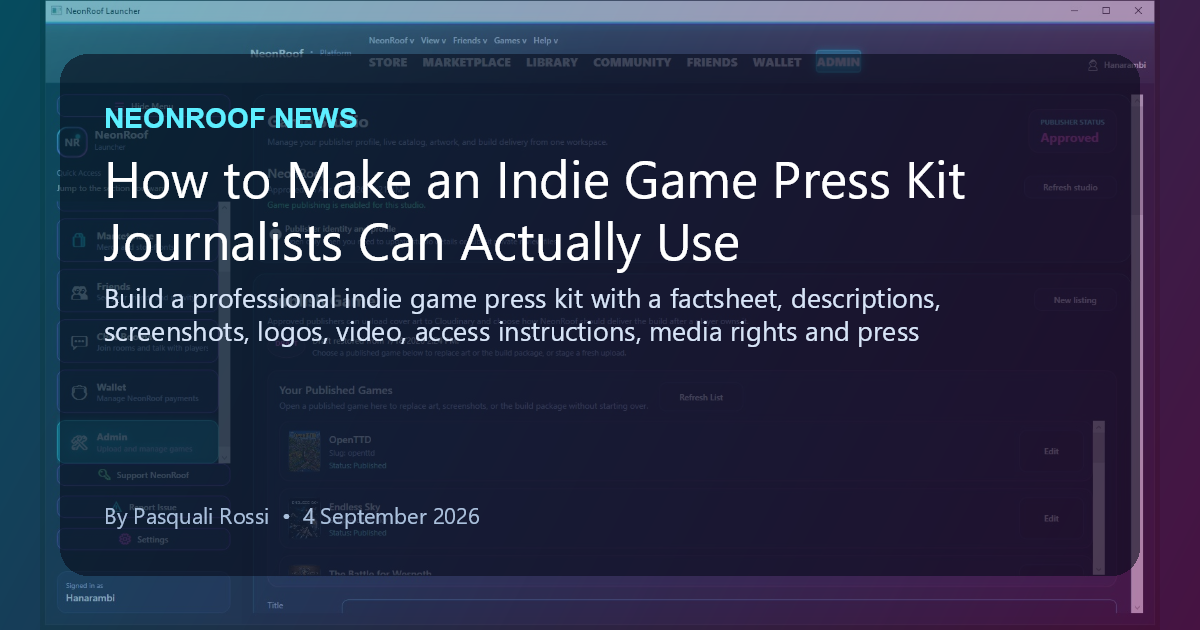 NeonRoof News social preview for How to Make an Indie Game Press Kit Journalists Can Actually Use